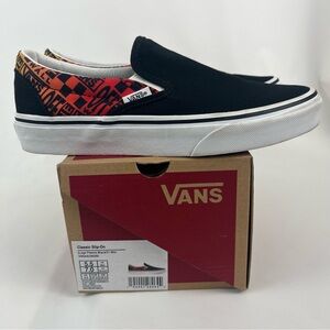 Vans Classic Slip On Logo Flame Black Sneakers Men's Sz 5.5 Women’s Sz 7
